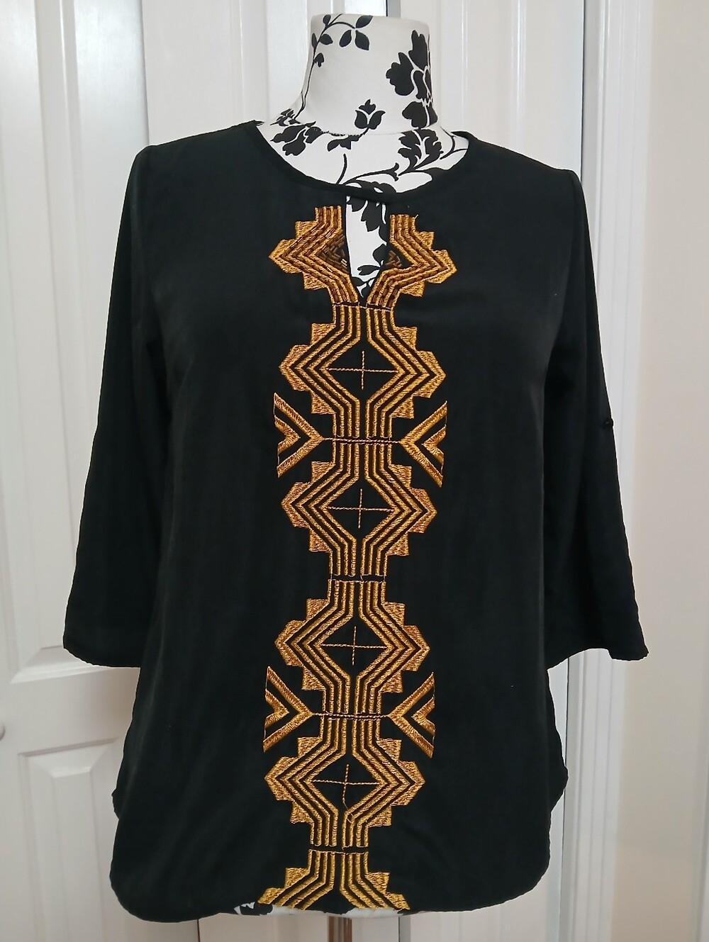 West 36th Top with Gold Geometric Embroidery